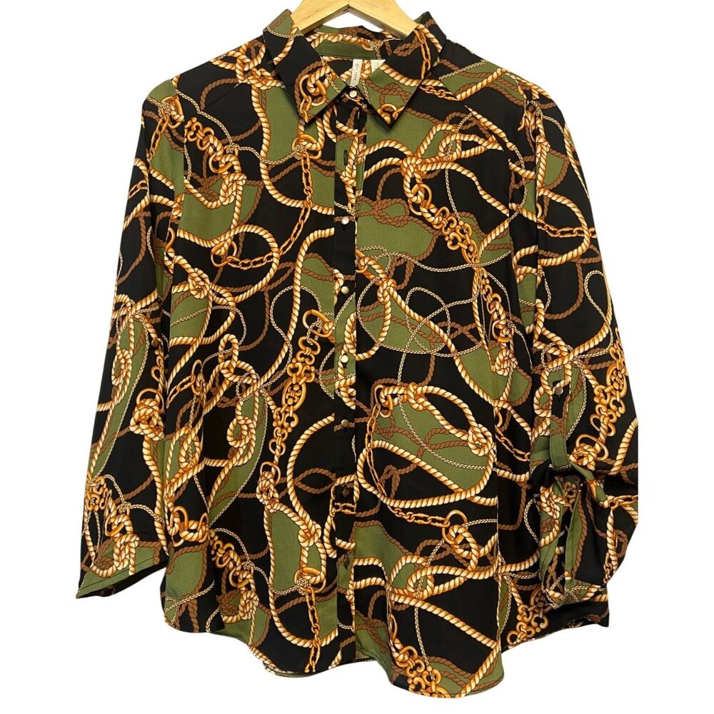 C est 1946 Women L Chain Rope Button-Up Blouse Sleeves Vintage Oversized Western